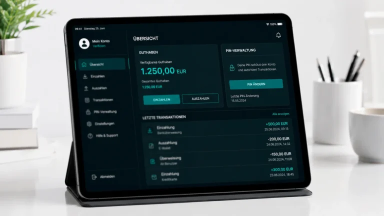 My-Paysafecard-Konto-Dashboard auf einem Tablet mit Guthabenübersicht und Transaktionshistorie