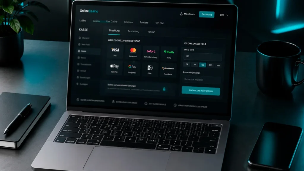 Modernes Online-Casino-Dashboard auf einem Laptop-Bildschirm mit Paysafecard-Logo im Kassenbereich