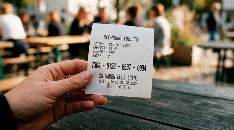 Nahaufnahme eines Paysafecard-Kassenbons mit sichtbarem 16-stelligem PIN-Code