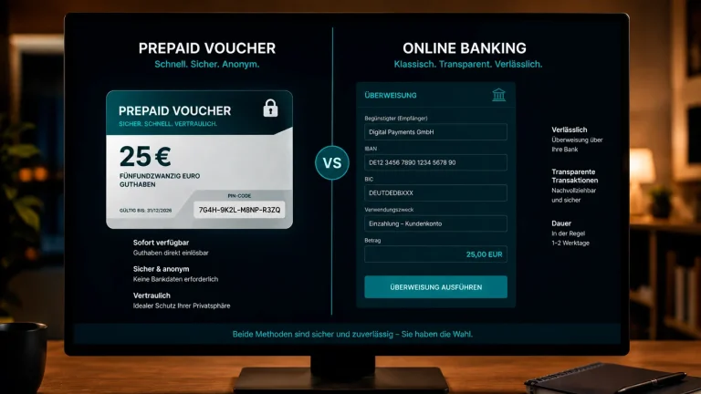 Gegenüberstellung von Paysafecard-Voucher und Online-Banking-Überweisung auf einem geteilten Bildschirm