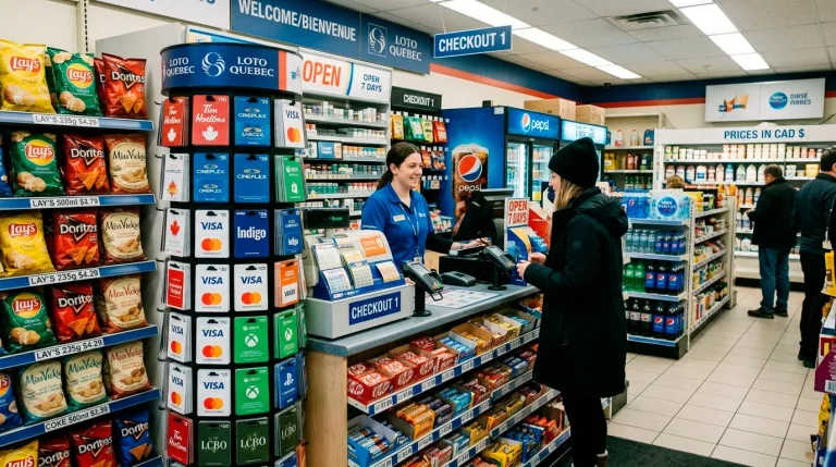 Kanadischer Convenience Store mit Paysafecard-Voucher-Anzeige in kanadischen Dollar