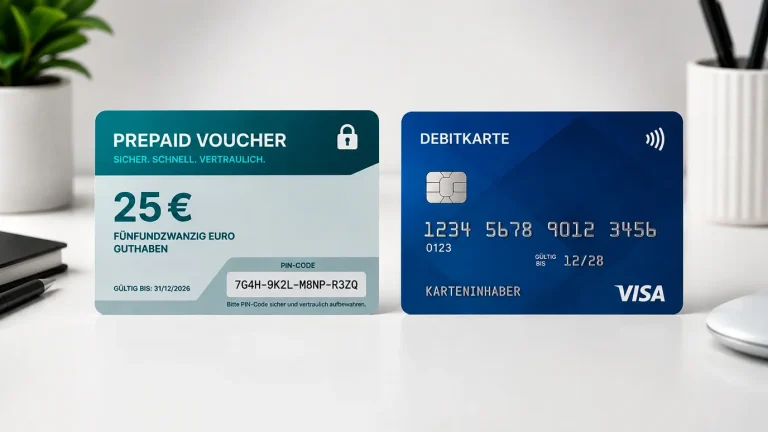 Nebeneinander-Vergleich von Paysafecard-Voucher und Visa-Debitkarte auf einem Schreibtisch