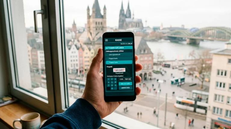 Smartphone mit Casino-Kassenbereich und Paysafecard-Option vor dem Hintergrund einer deutschen Stadtansicht