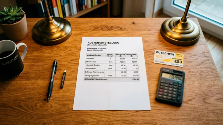 Schreibtisch mit Paysafecard-Voucher, Taschenrechner und einer aufgeschlüsselten Kostenübersicht auf Papier
