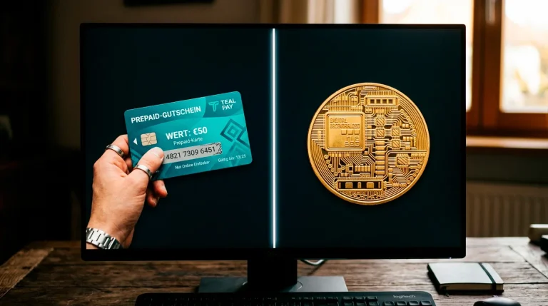 Geteilter Bildschirm mit Paysafecard-Voucher auf der einen und Bitcoin-Symbol auf der anderen Seite