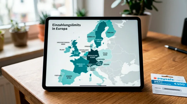 Europakarte mit markierten Ländern und unterschiedlichen Einzahlungslimit-Angaben für Paysafecard