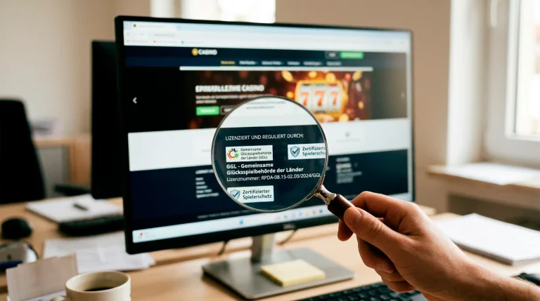 Lupe über einer Casino-Website-Fusszeile mit sichtbaren Lizenznummern und Regulierungs-Logos