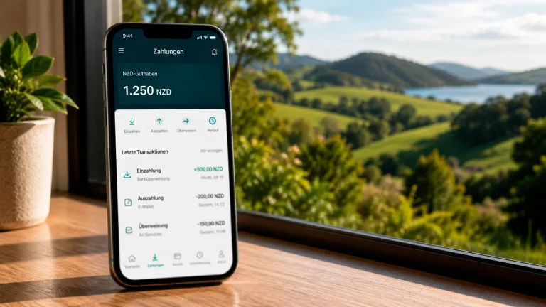 Smartphone mit Paysafecard-App und NZD-Guthaben vor neuseeländischer Landschaft