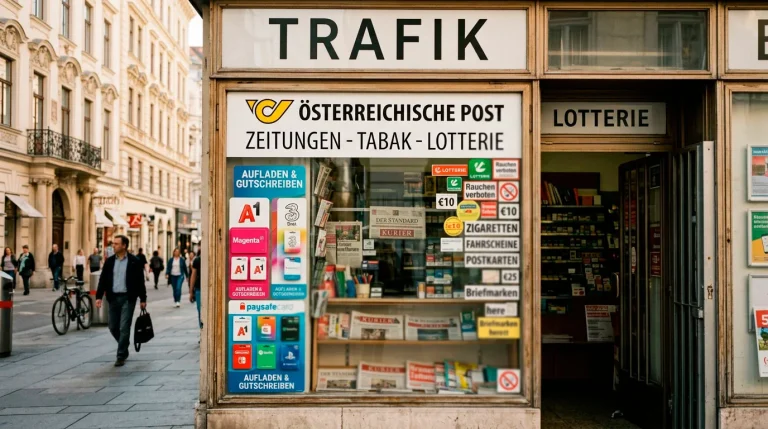 Wiener Trafik-Schaufenster mit sichtbaren Paysafecard-Aufklebern und Voucher-Angebot