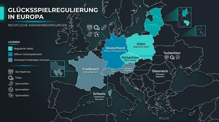 Europakarte mit hervorgehobenen Regulierungszonen und Symbolen für verschiedene Glücksspielgesetze