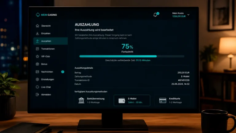 Fortschrittsbalken einer Casino-Auszahlung auf einem Bildschirm mit verschiedenen Zahlungsmethoden-Icons