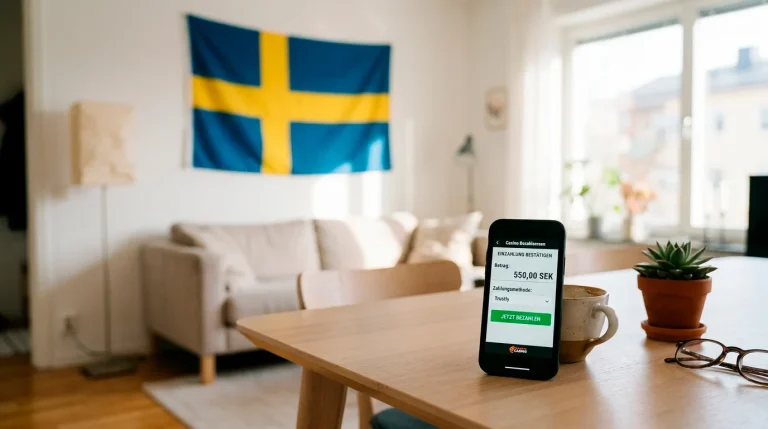 Schwedische Flagge neben einem Smartphone mit Casino-Einzahlung per Paysafecard in SEK
