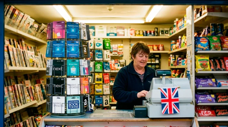 Britischer Kiosk mit Paysafecard-Schild und Voucher-Auslage neben einer Union-Jack-Flagge