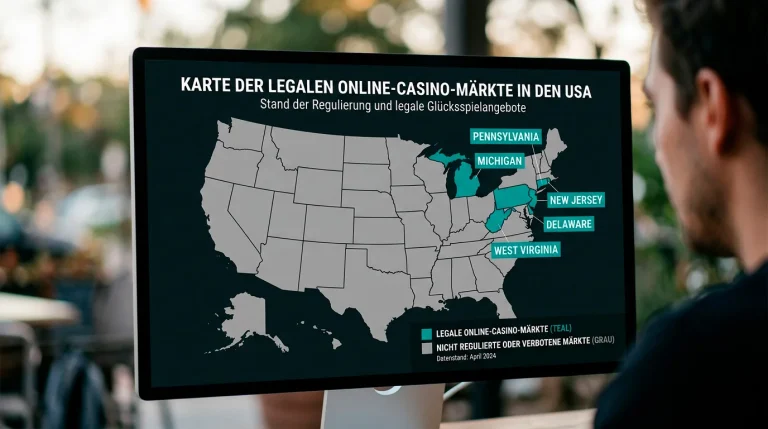 US-Karte mit farbig markierten Bundesstaaten für legales Online-Casino und Paysafecard-Verfügbarkeit