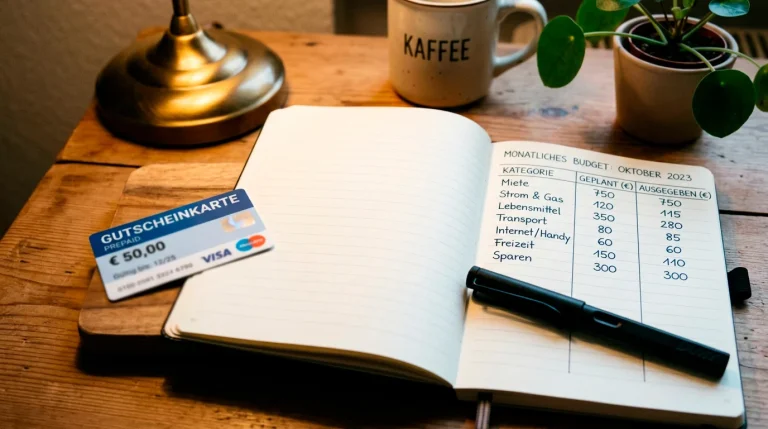 Paysafecard-Voucher neben einem Notizbuch mit handgeschriebenem Monatsbudget für Spielausgaben