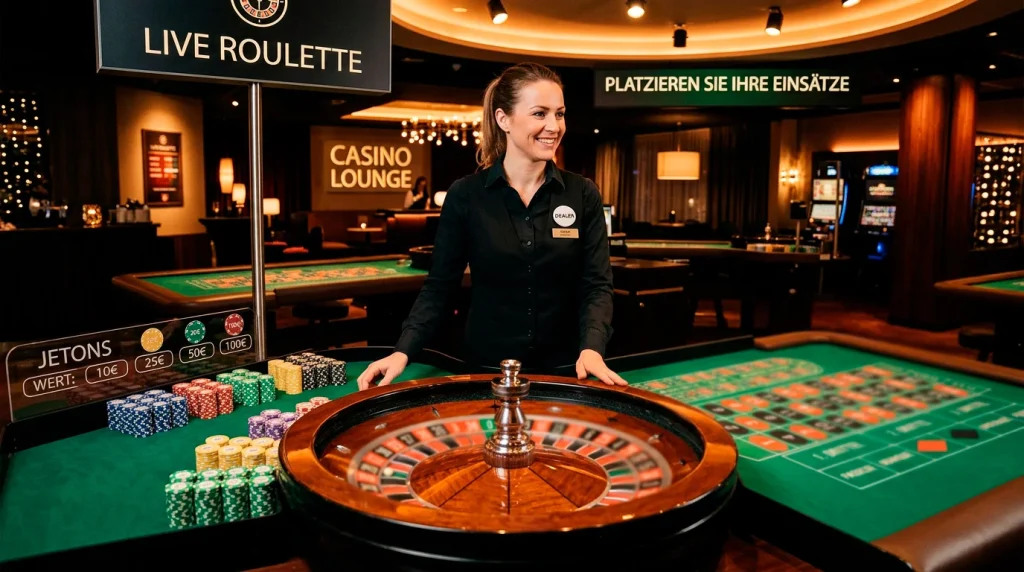 Live-Casino-Roulette-Tisch mit Dealer und Spielchips in einem professionellen Studio-Setting