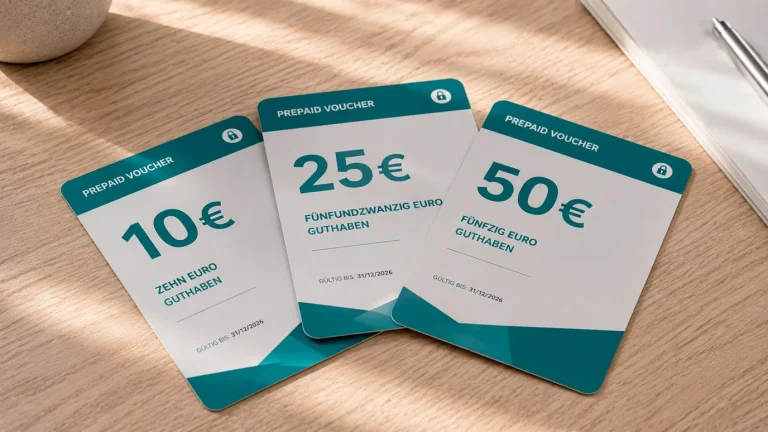 Verschiedene Paysafecard-Voucher in kleinen Nennwerten nebeneinander auf einem Holztisch