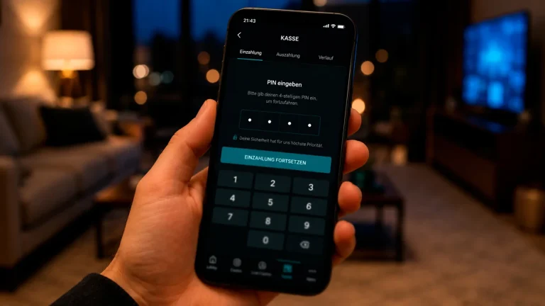 Hand hält Smartphone mit geöffnetem Casino-Kassenbereich und Paysafecard-PIN-Eingabefeld