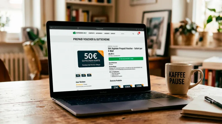 Laptop-Bildschirm mit offiziellem Paysafecard-Online-Shop und Warenkorb mit ausgewähltem Voucher